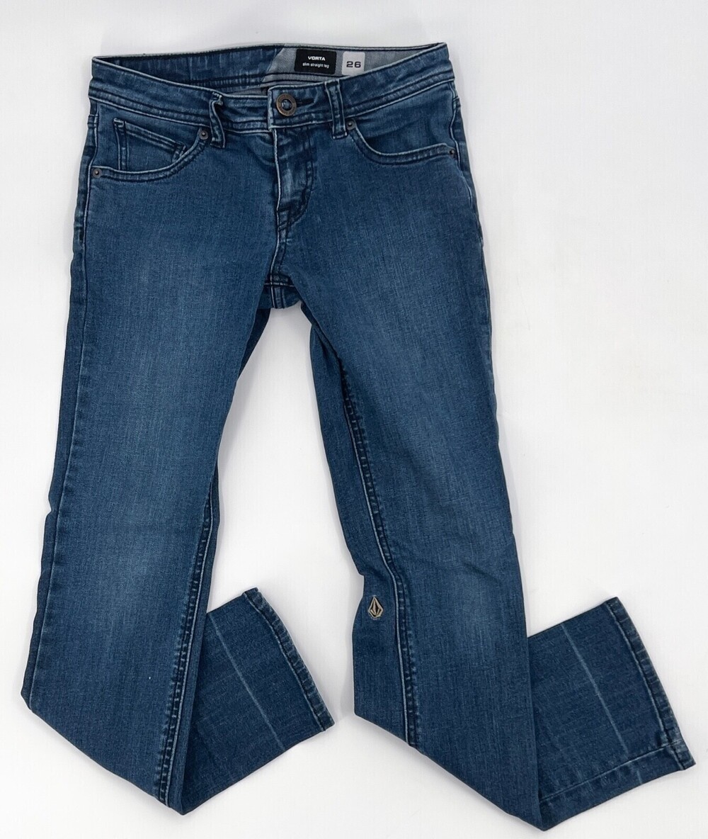 Volcom Jeans Womens 26 Blue Vorta Slim Straight Leg Low Rise Medium Wash
